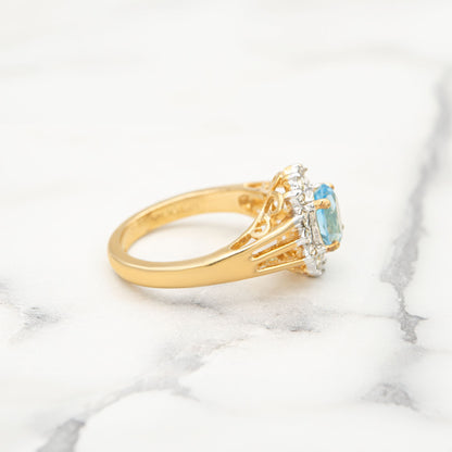 Vintage Aquamarine Crystal Halo Ring - 18kt HGE Gold Electroplated with Austrian Crystals, Made in USA jewelry image 1