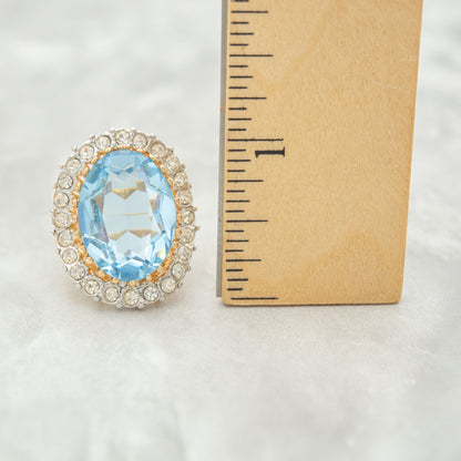 Vintage Aquamarine Austrian Crystal Cocktail Ring - 18k Gold Electroplated, Made in USA jewelry image 1