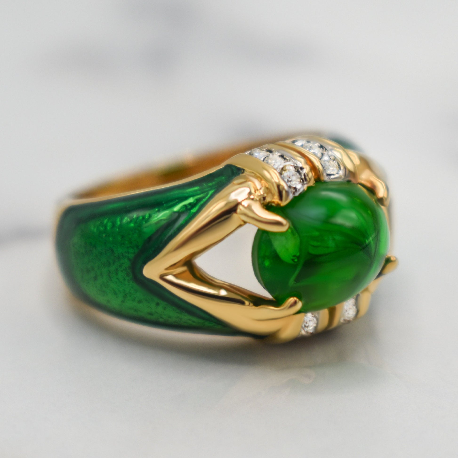 Vintage 1990s Emerald Green Cabochon Crystal and Clear Crystals Dome Ring - 18k HGE with Hand Painted Epoxy jewelry image 1