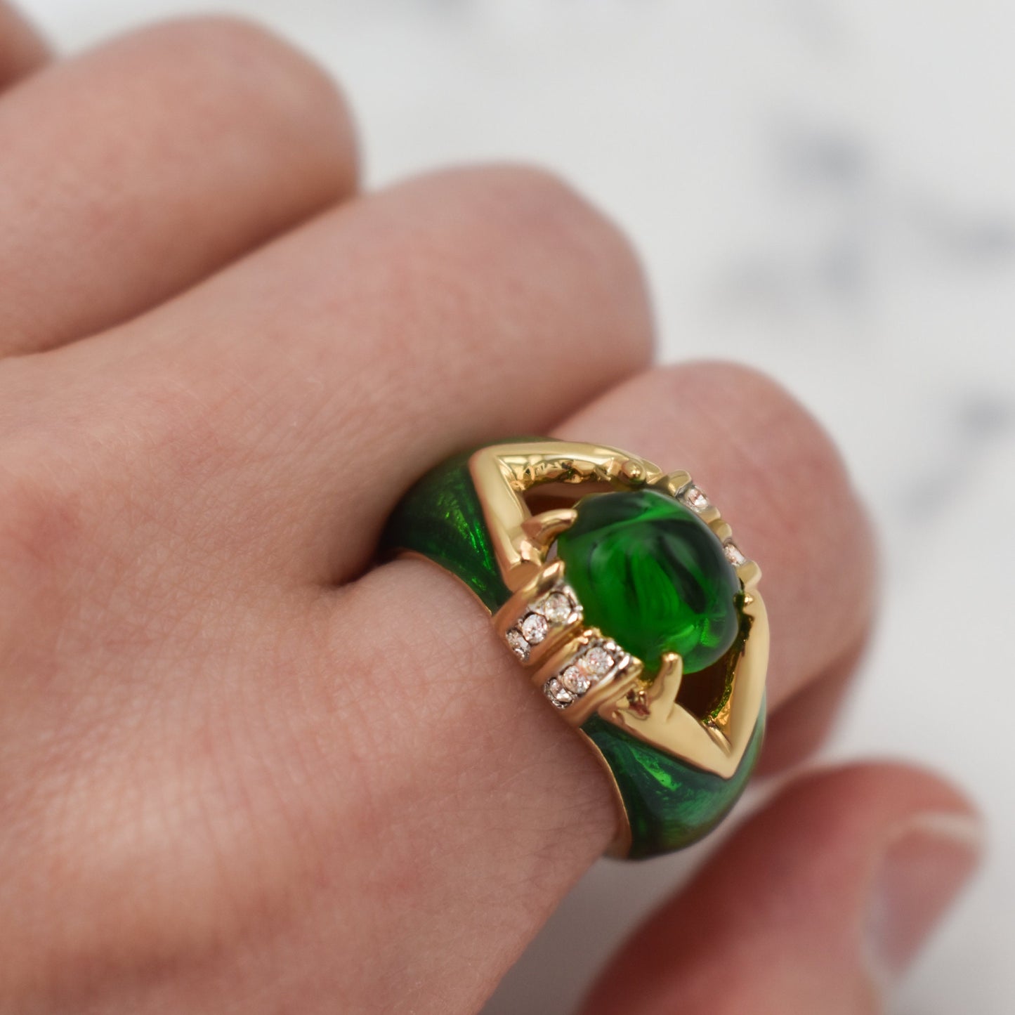 Vintage 1990s Emerald Green Cabochon Crystal and Clear Crystals Dome Ring - 18k HGE with Hand Painted Epoxy jewelry image 1