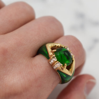 Vintage 1990s Emerald Green Cabochon Crystal and Clear Crystals Dome Ring - 18k HGE with Hand Painted Epoxy jewelry image 1