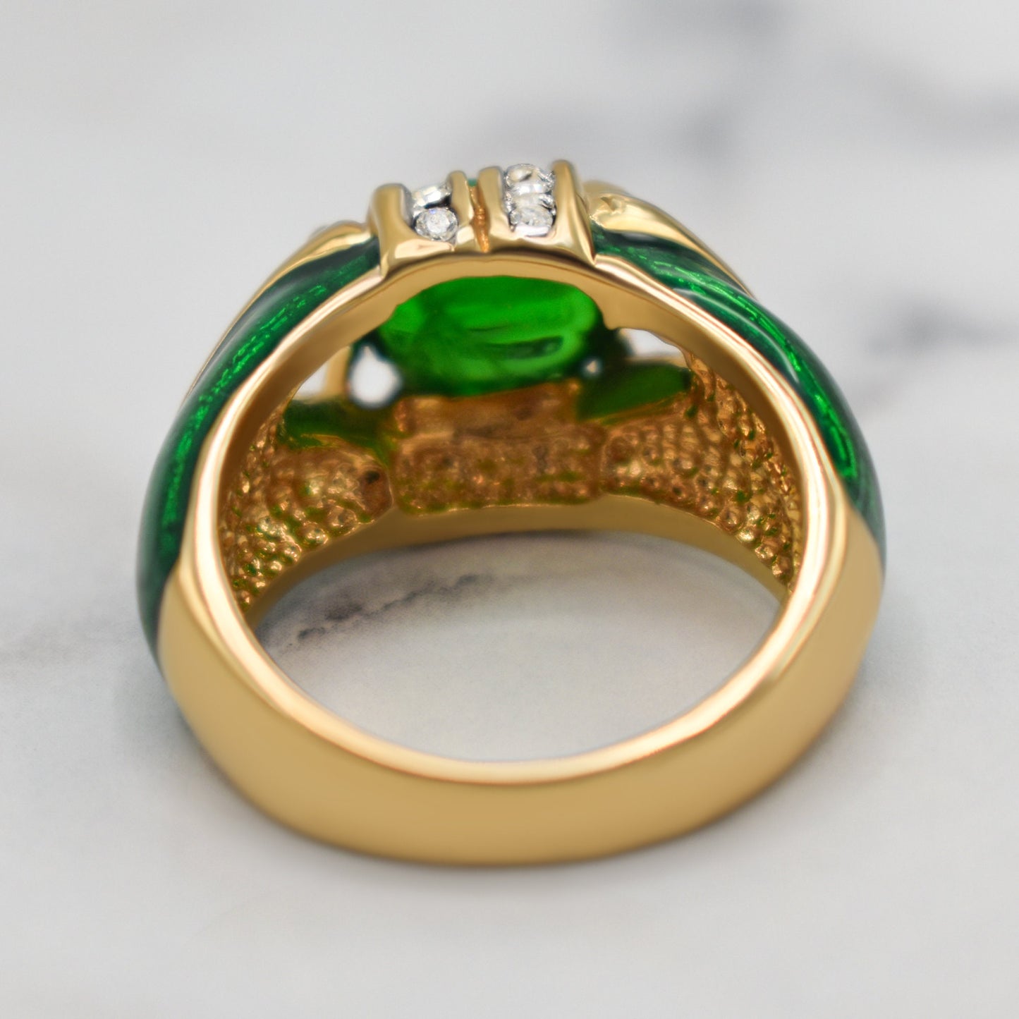 Vintage 1990s Emerald Green Cabochon Crystal and Clear Crystals Dome Ring - 18k HGE with Hand Painted Epoxy jewelry image 1