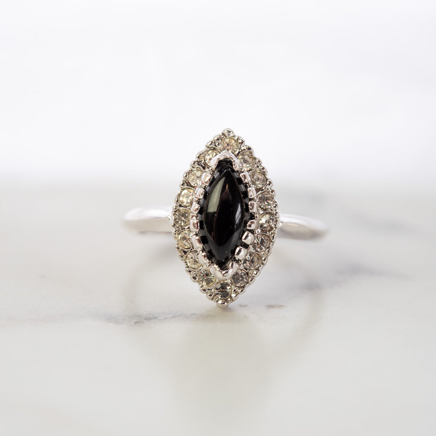 Vintage Genuine Black Onyx Marquise Ring with Clear Austrian Crystals – 18k White Gold Electroplated jewelry image 1