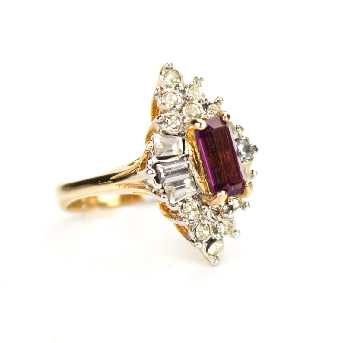 Vintage 1970s Amethyst and Clear Austrian Crystal 18k Gold Electroplated Cocktail Ring jewelry image 1