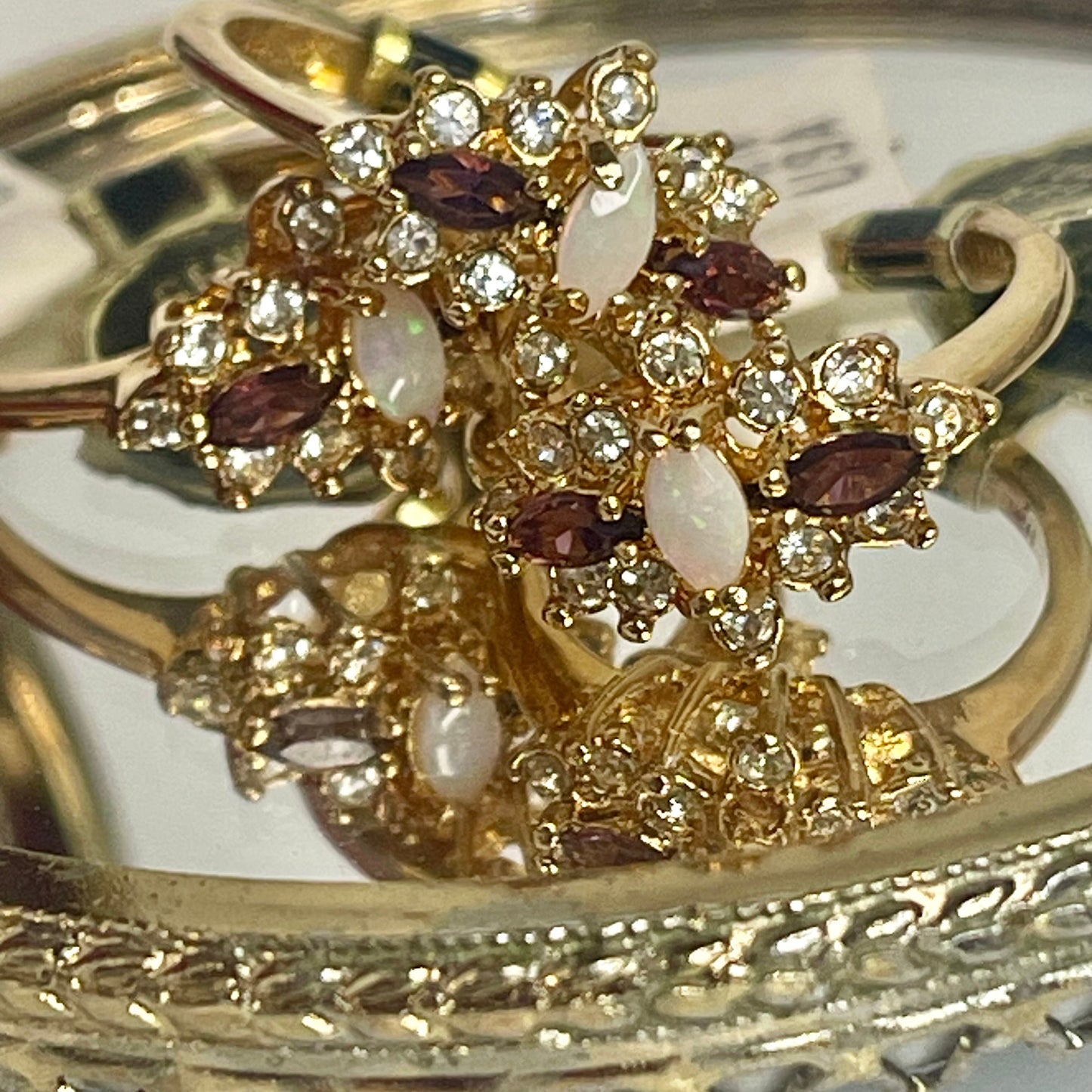 Vintage Victorian Style Genuine Opal and Amethyst Crystal Cluster Ring - 18k Yellow Gold Electroplated - Made in USA jewelry image 1