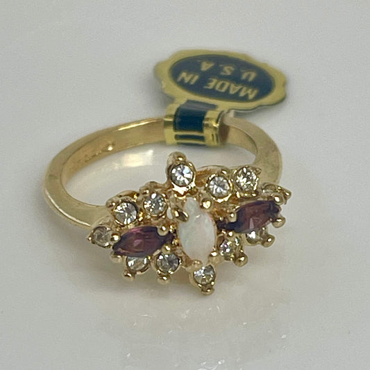 Vintage Victorian Style Genuine Opal and Amethyst Crystal Cluster Ring - 18k Yellow Gold Electroplated - Made in USA jewelry image 1
