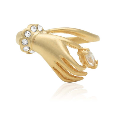 Vintage 1980s Victorian Hand Ring - 18k Gold Electroplated with Austrian Crystals, Brushed Matte Finish jewelry image 1