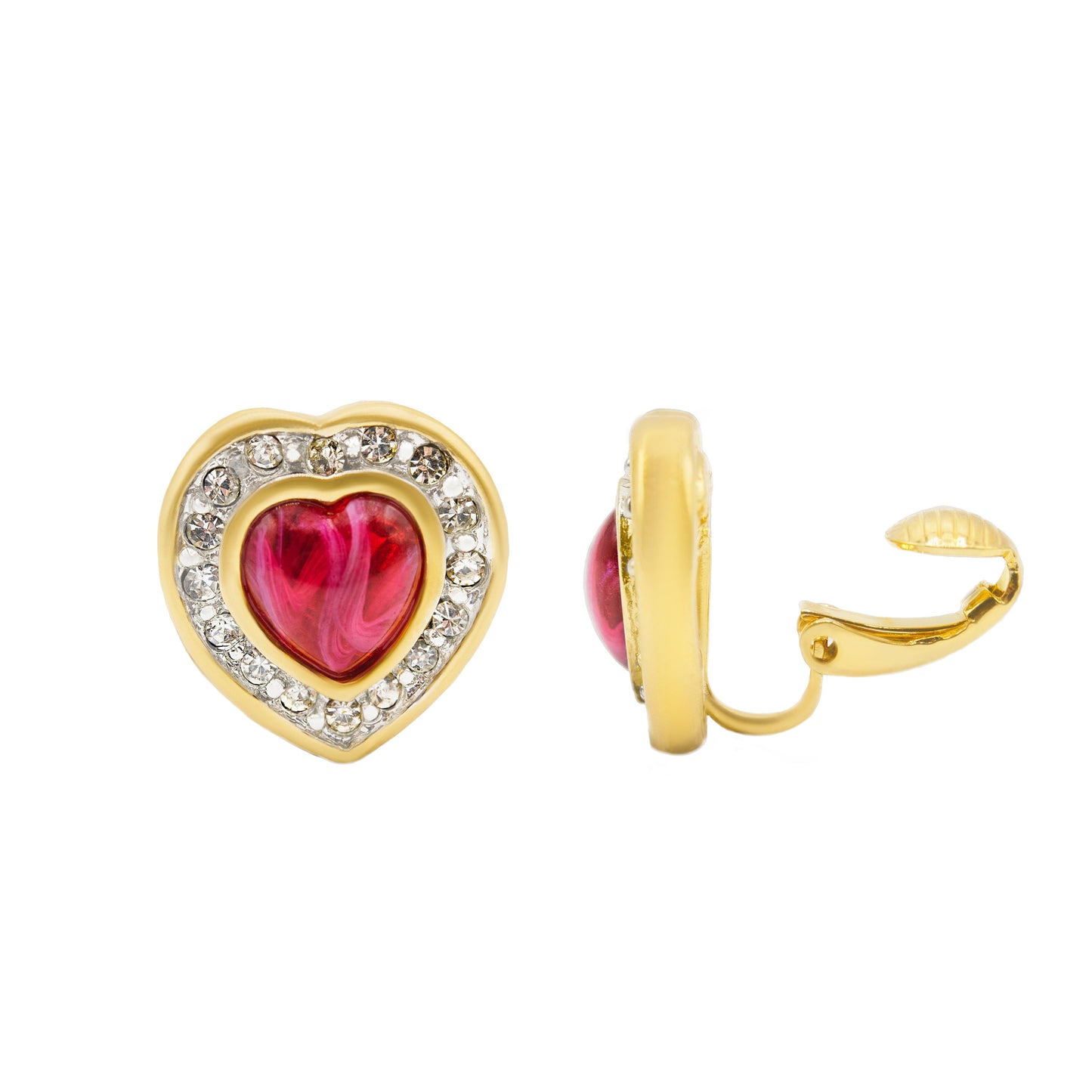 Vintage Red Cabochon Heart Clip Earrings with Clear Crystals - 18k Gold Electroplated jewelry image 1