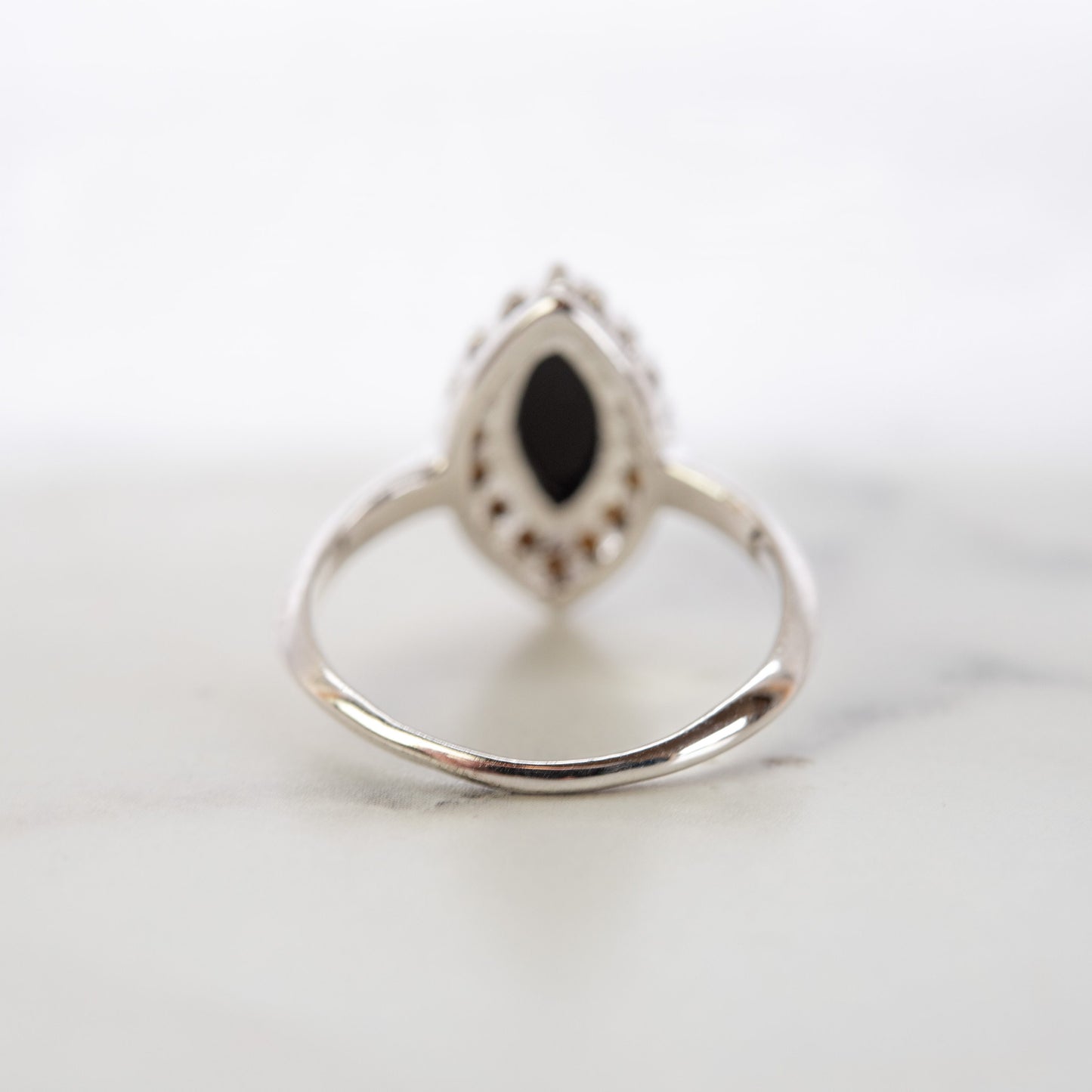 Vintage Genuine Black Onyx Marquise Ring with Clear Austrian Crystals – 18k White Gold Electroplated jewelry image 1