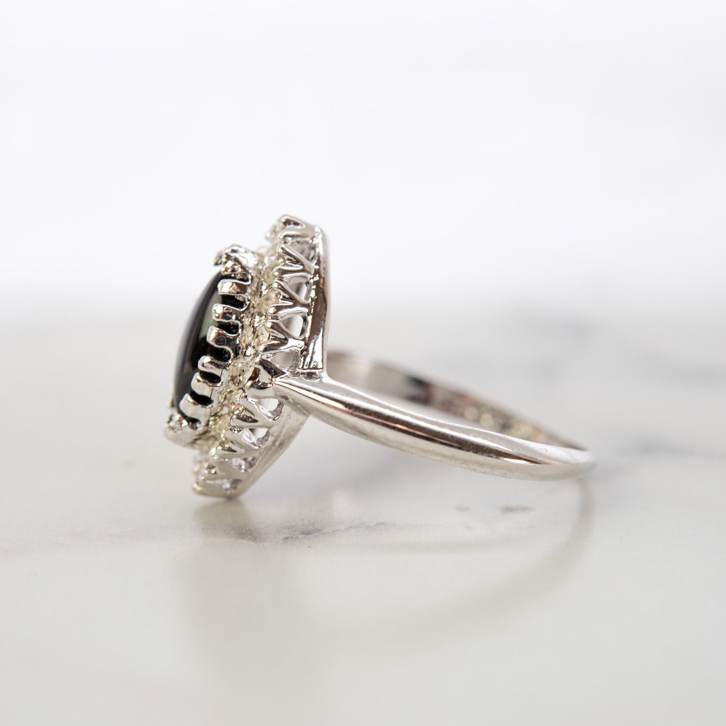 Vintage Genuine Black Onyx Marquise Ring with Clear Austrian Crystals – 18k White Gold Electroplated jewelry image 1