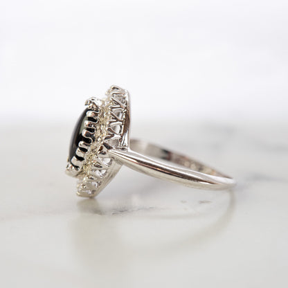 Vintage Genuine Black Onyx Marquise Ring with Clear Austrian Crystals – 18k White Gold Electroplated jewelry image 1