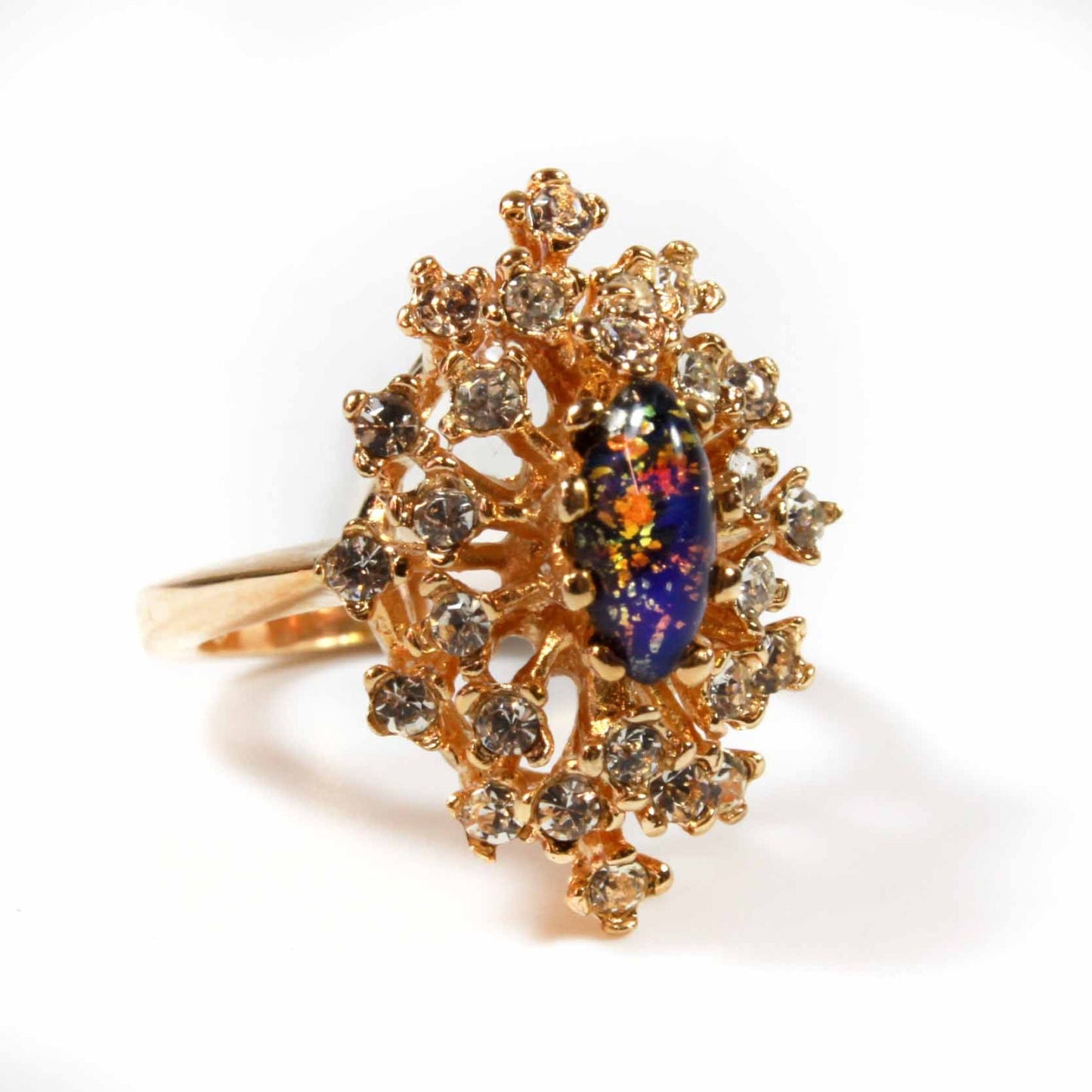 Vintage Genuine Opal Ring with Clear Austrian Crystals – 18kt Yellow Gold Electroplated jewelry image 1