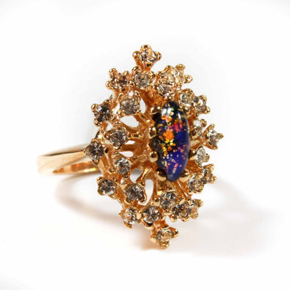Vintage Genuine Opal Ring with Clear Austrian Crystals – 18kt Yellow Gold Electroplated jewelry image 1