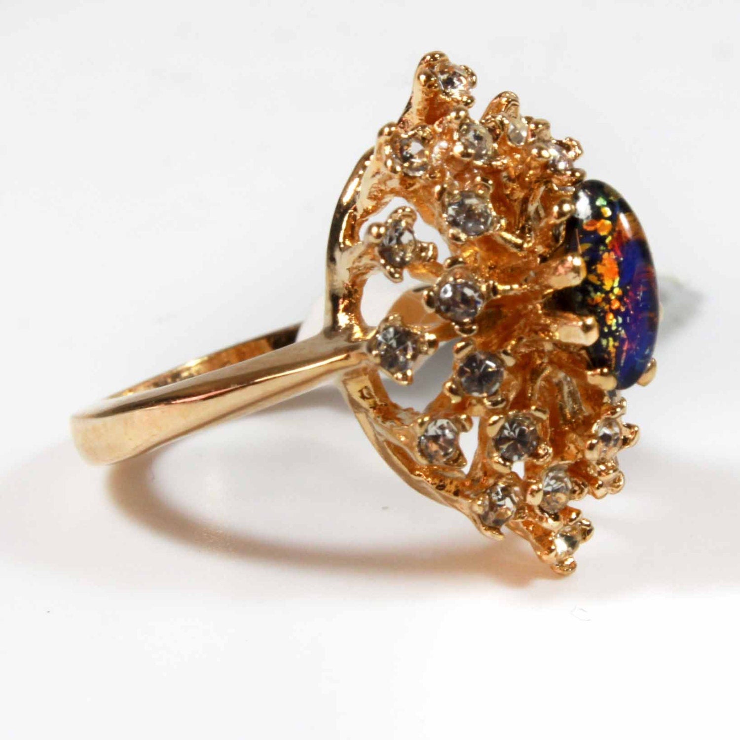 Vintage 1970s Harlequin Opal Cocktail Ring with Clear Austrian Crystals - 18kt Gold Electroplated jewelry image 1