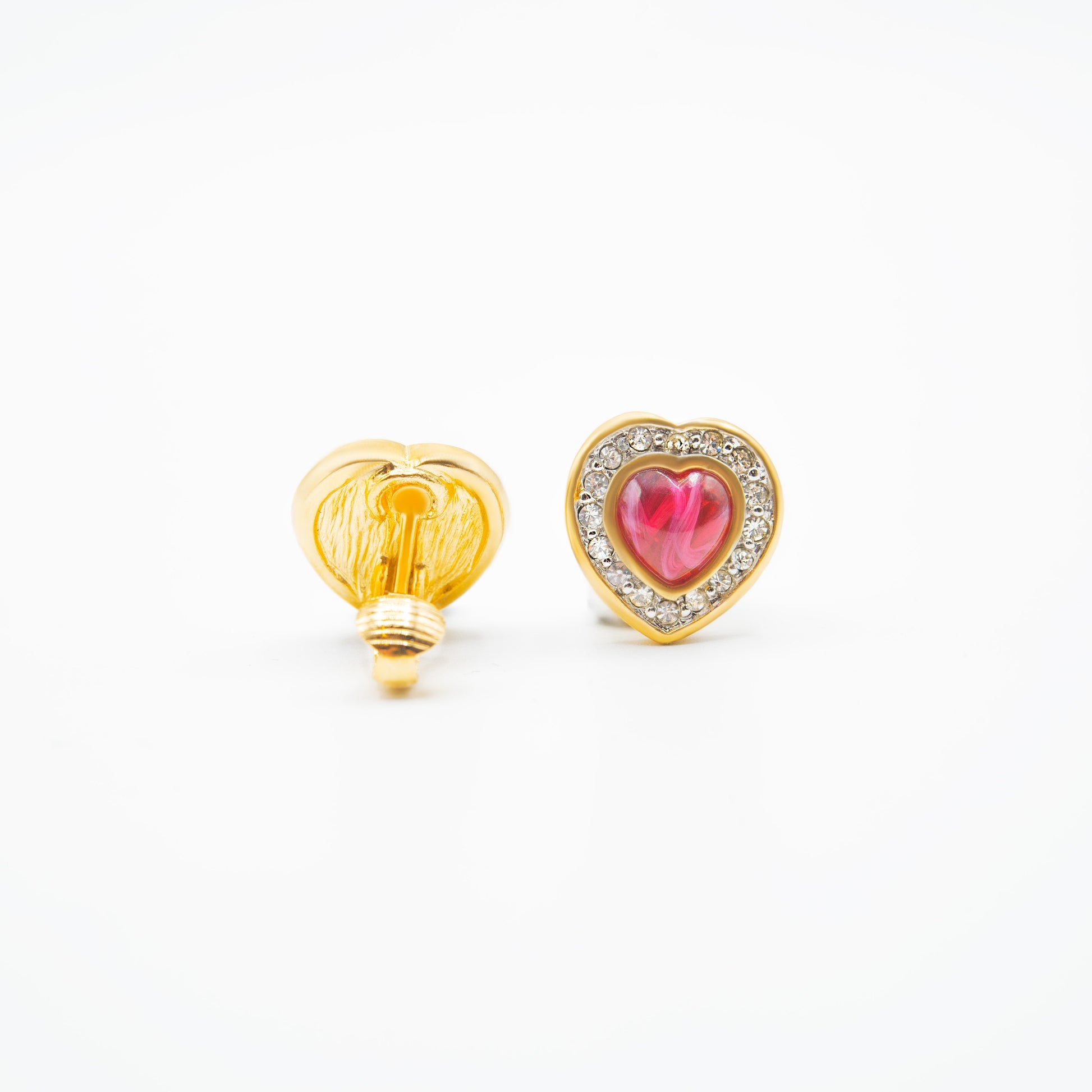 Vintage Red Cabochon Heart Clip Earrings with Clear Crystals - 18k Gold Electroplated jewelry image 1