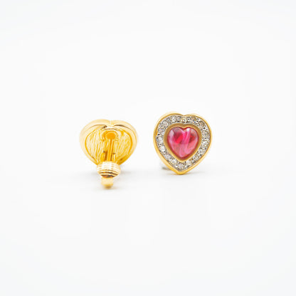 Vintage Red Cabochon Heart Clip Earrings with Clear Crystals - 18k Gold Electroplated jewelry image 1
