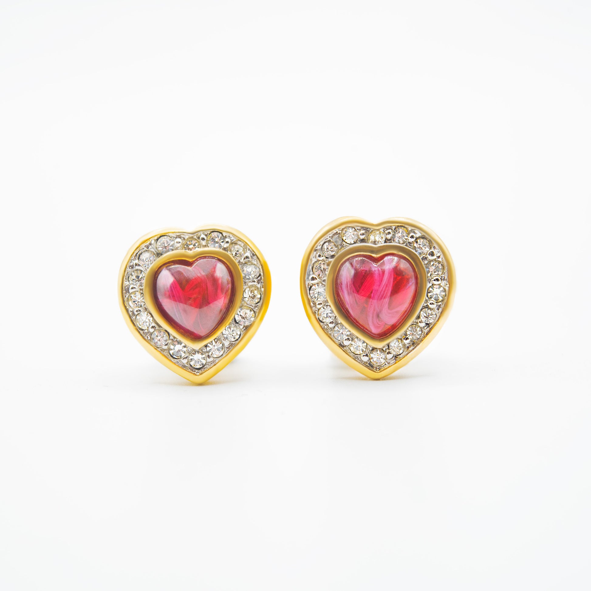 Vintage Red Cabochon Heart Clip Earrings with Clear Crystals - 18k Gold Electroplated jewelry image 1