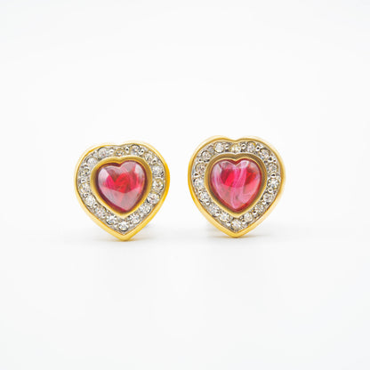 Vintage Red Cabochon Heart Clip Earrings with Clear Crystals - 18k Gold Electroplated jewelry image 1