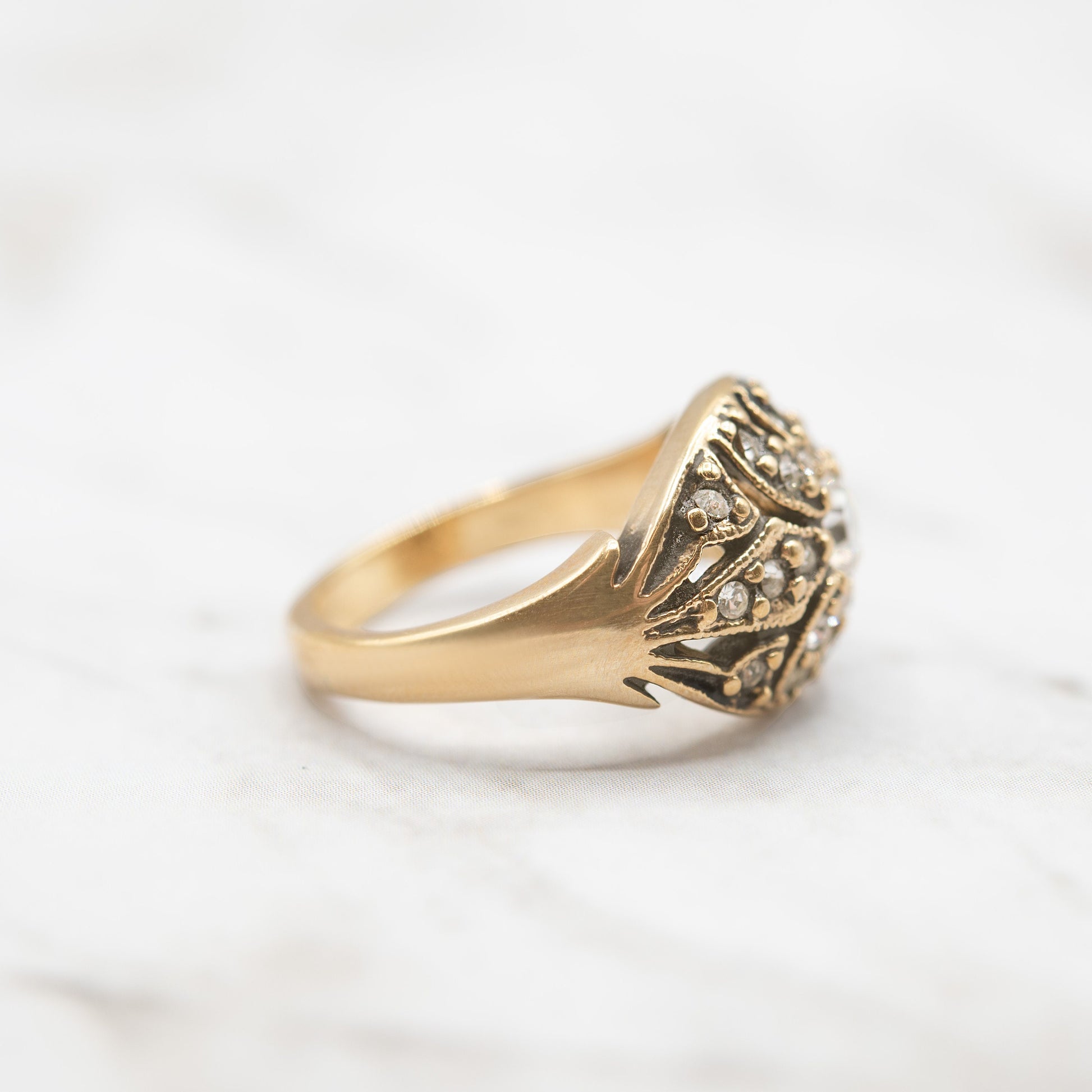 Vintage 1970s Edwardian Style Princess Ring - 18k HGE Antiqued Yellow Gold with Austrian Crystals and Glass Pearl jewelry image 1