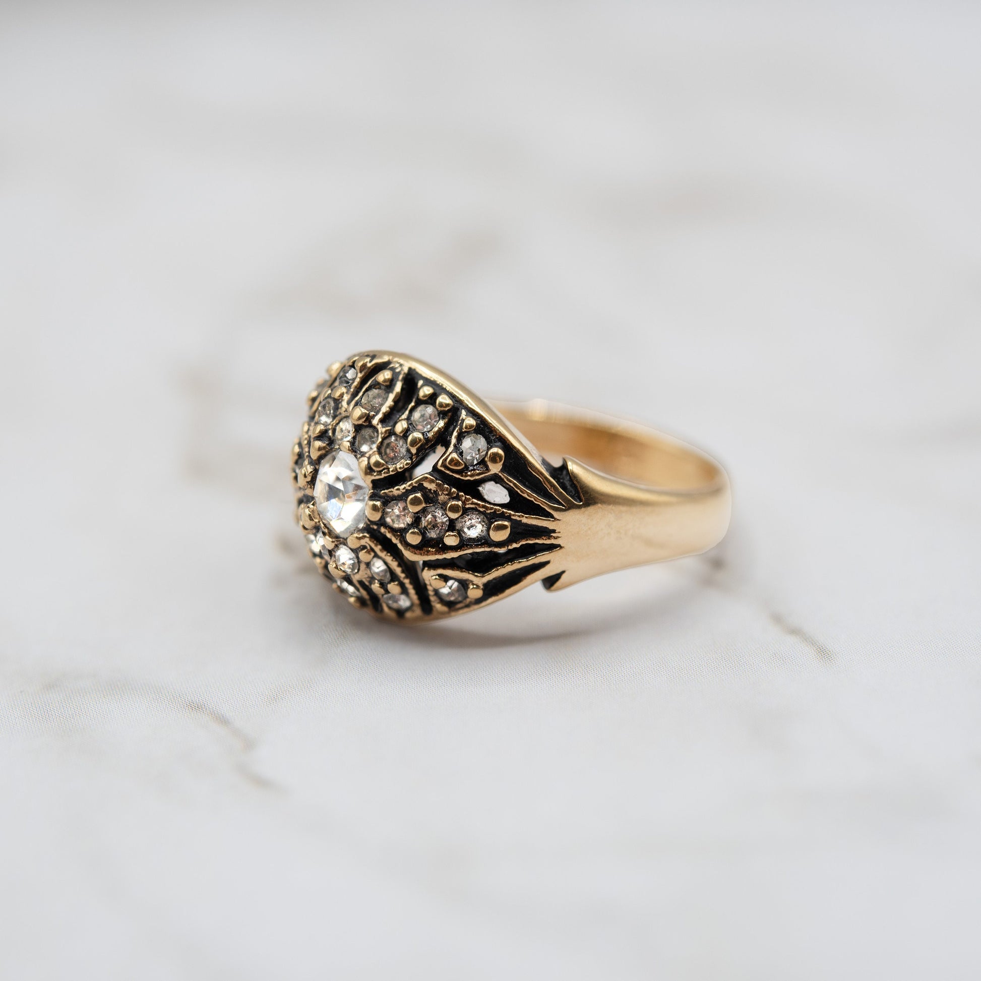Vintage 1970s Edwardian Style Princess Ring - 18k HGE Antiqued Yellow Gold with Austrian Crystals and Glass Pearl jewelry image 1