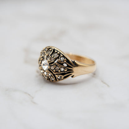 Vintage 1970s Edwardian Style Princess Ring - 18k HGE Antiqued Yellow Gold with Austrian Crystals and Glass Pearl jewelry image 1