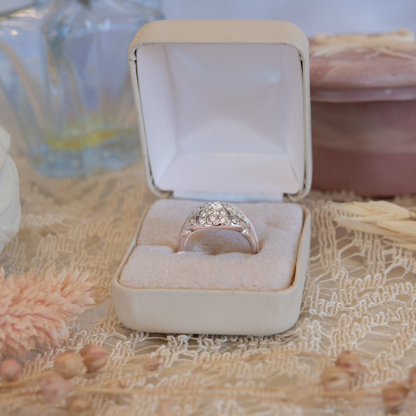 Vintage 1970s Edwardian Style Princess Ring - 18k White Gold Electroplated with Austrian Crystals jewelry image 1