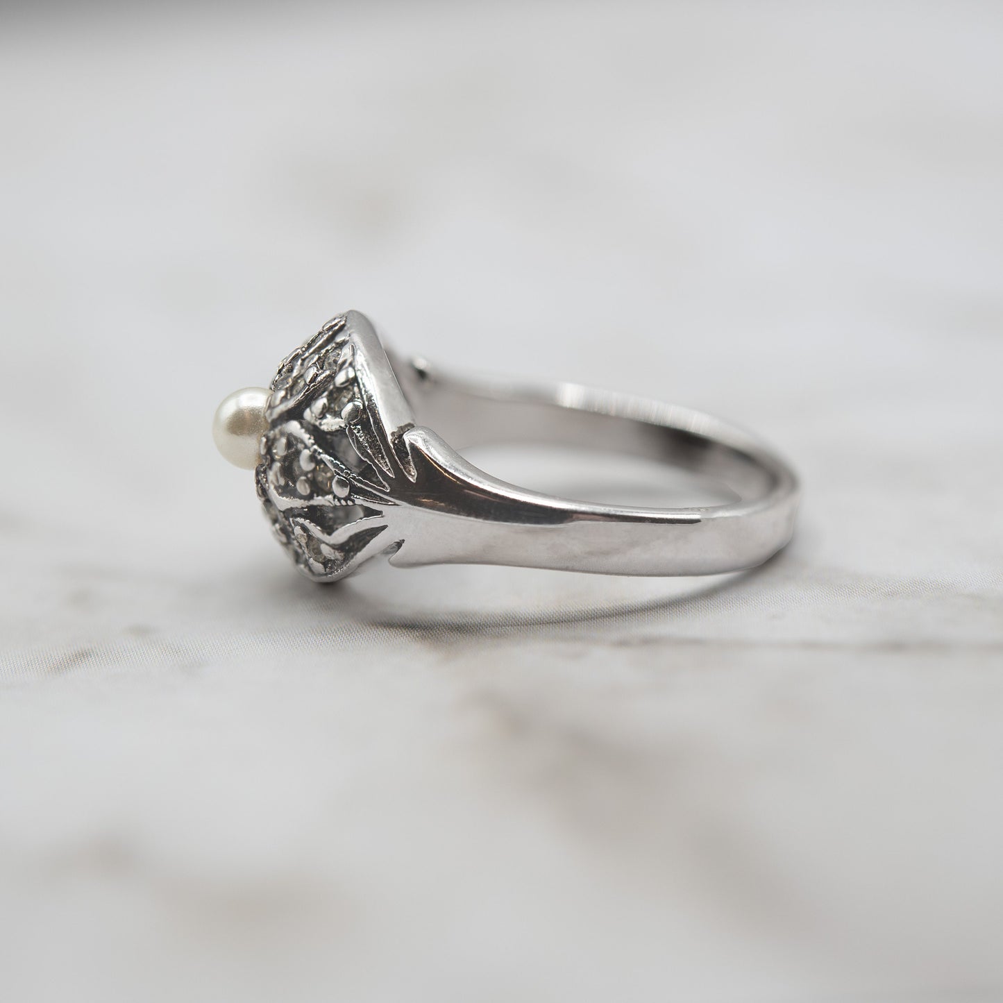 Vintage 1970s Edwardian Style 18k White Gold Electroplated Princess Ring with Austrian Crystals and Glass Pearl jewelry image 1