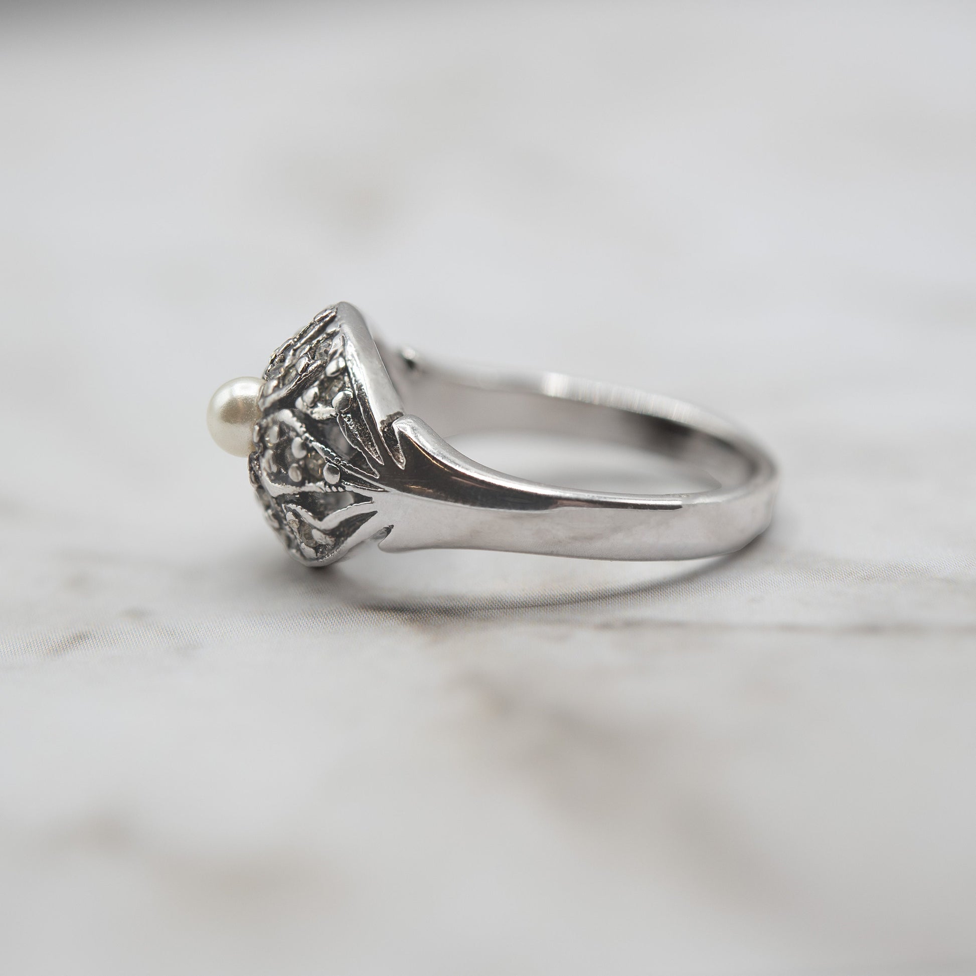 Vintage 1970s Edwardian Style 18k White Gold Electroplated Princess Ring with Austrian Crystals and Glass Pearl jewelry image 1
