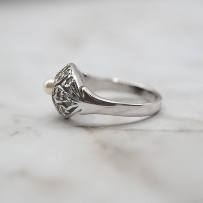 Vintage 1970s Edwardian Style 18k White Gold Electroplated Princess Ring with Austrian Crystals and Glass Pearl jewelry image 1