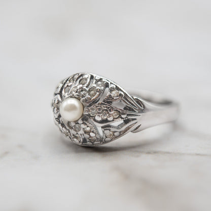 Vintage 1970s Edwardian Style 18k White Gold Electroplated Princess Ring with Austrian Crystals and Glass Pearl jewelry image 1