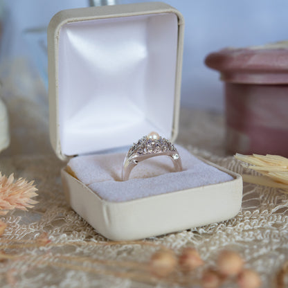 Vintage 1970s Edwardian Style Princess Ring – 18k White Gold Electroplated with Austrian Crystals and Glass Pearl jewelry image 1