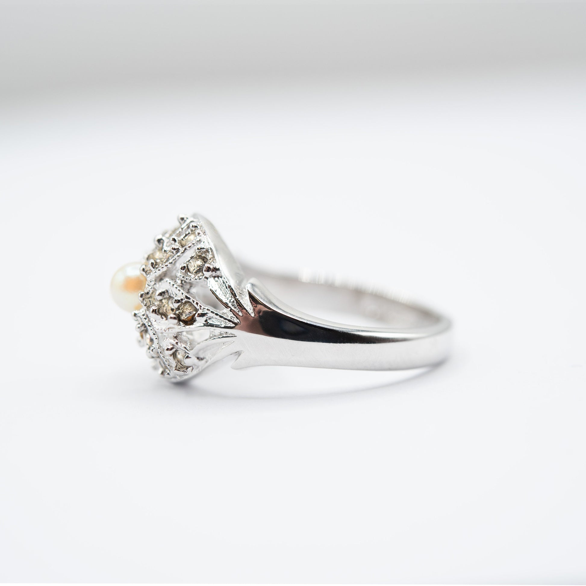Vintage 1970s Edwardian Style Princess Ring – 18k White Gold Electroplated with Austrian Crystals and Glass Pearl jewelry image 1