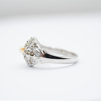 Vintage 1970s Edwardian Style Princess Ring – 18k White Gold Electroplated with Austrian Crystals and Glass Pearl jewelry image 1