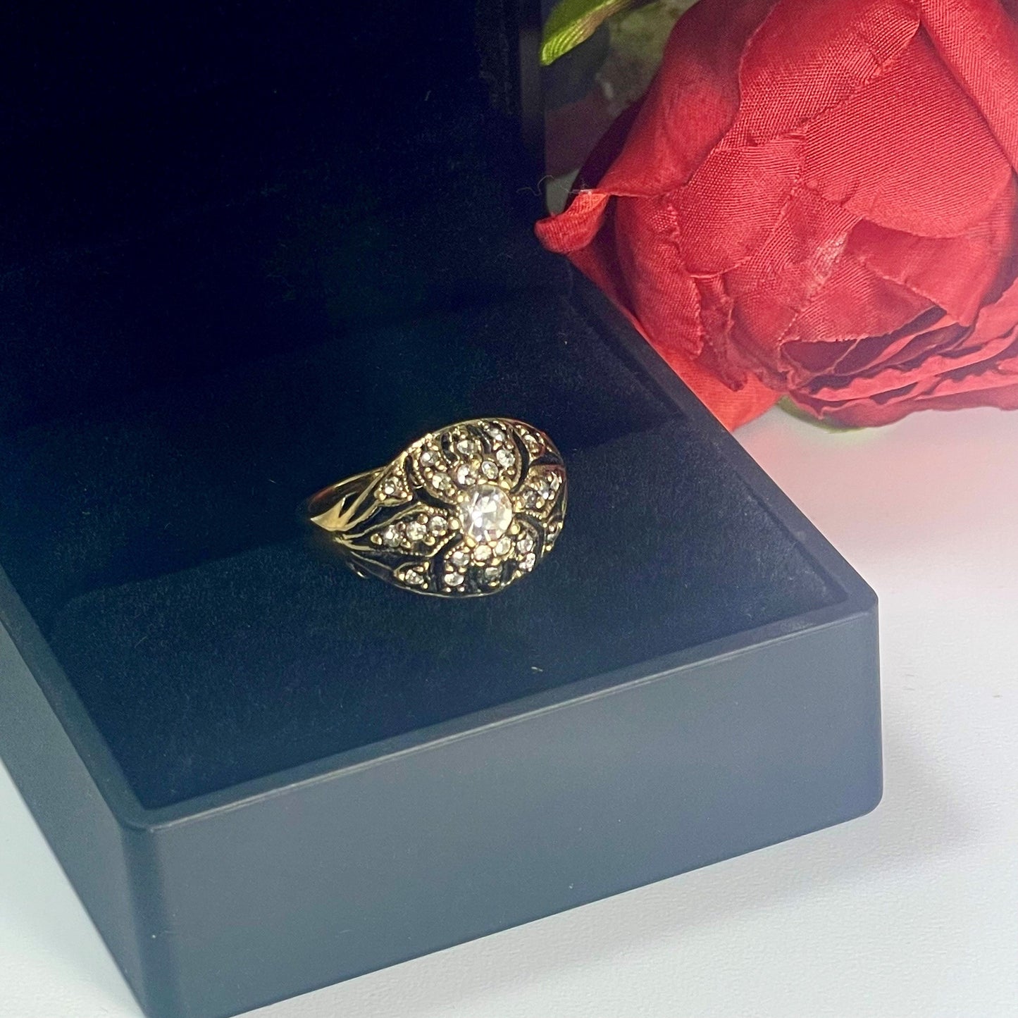 Vintage 1970s Edwardian Style Princess Ring - 18k HGE Antiqued Yellow Gold with Austrian Crystals and Glass Pearl jewelry image 1