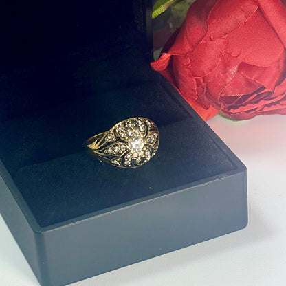 Vintage 1970s Edwardian Style Princess Ring - 18k HGE Antiqued Yellow Gold with Austrian Crystals and Glass Pearl jewelry image 1