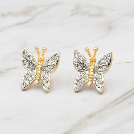 Vintage Clear Austrian Crystal Butterfly Post Earrings - Two-Tone Gold and Silver Plated jewelry image 1
