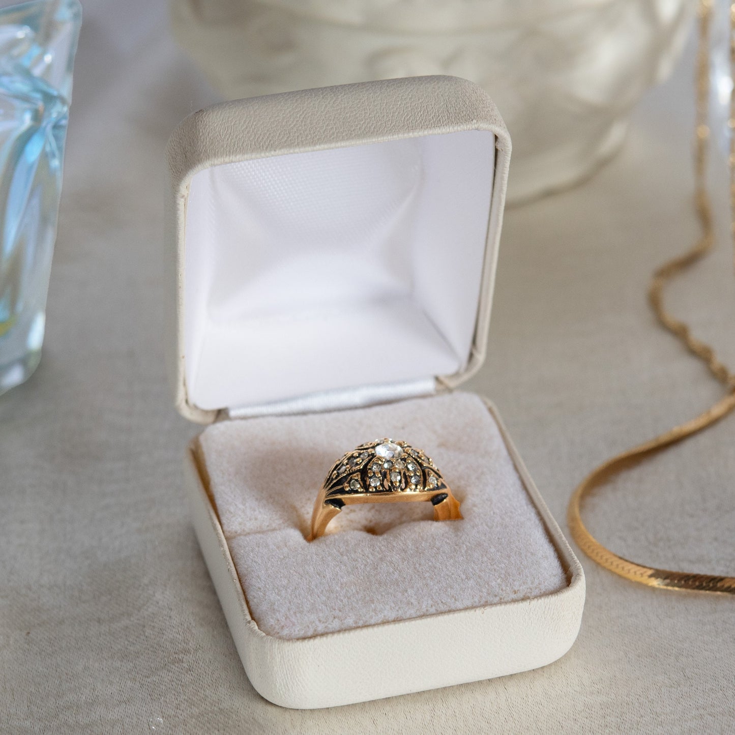 Vintage 1970s Edwardian Style Princess Ring - 18k HGE Antiqued Yellow Gold with Austrian Crystals and Glass Pearl jewelry image 1