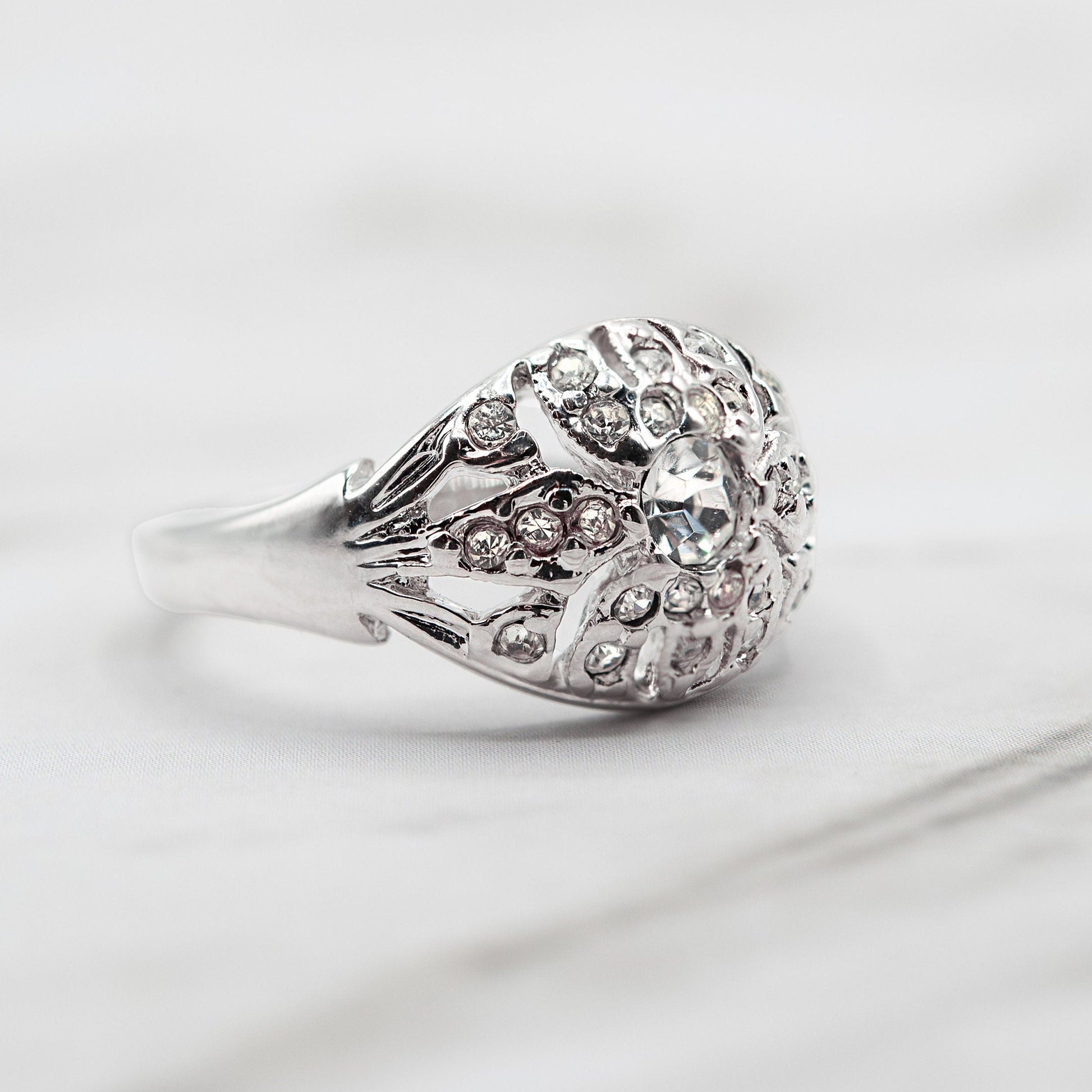 Vintage 1970s Edwardian Style Princess Ring - 18k White Gold Electroplated with Austrian Crystals jewelry image 1
