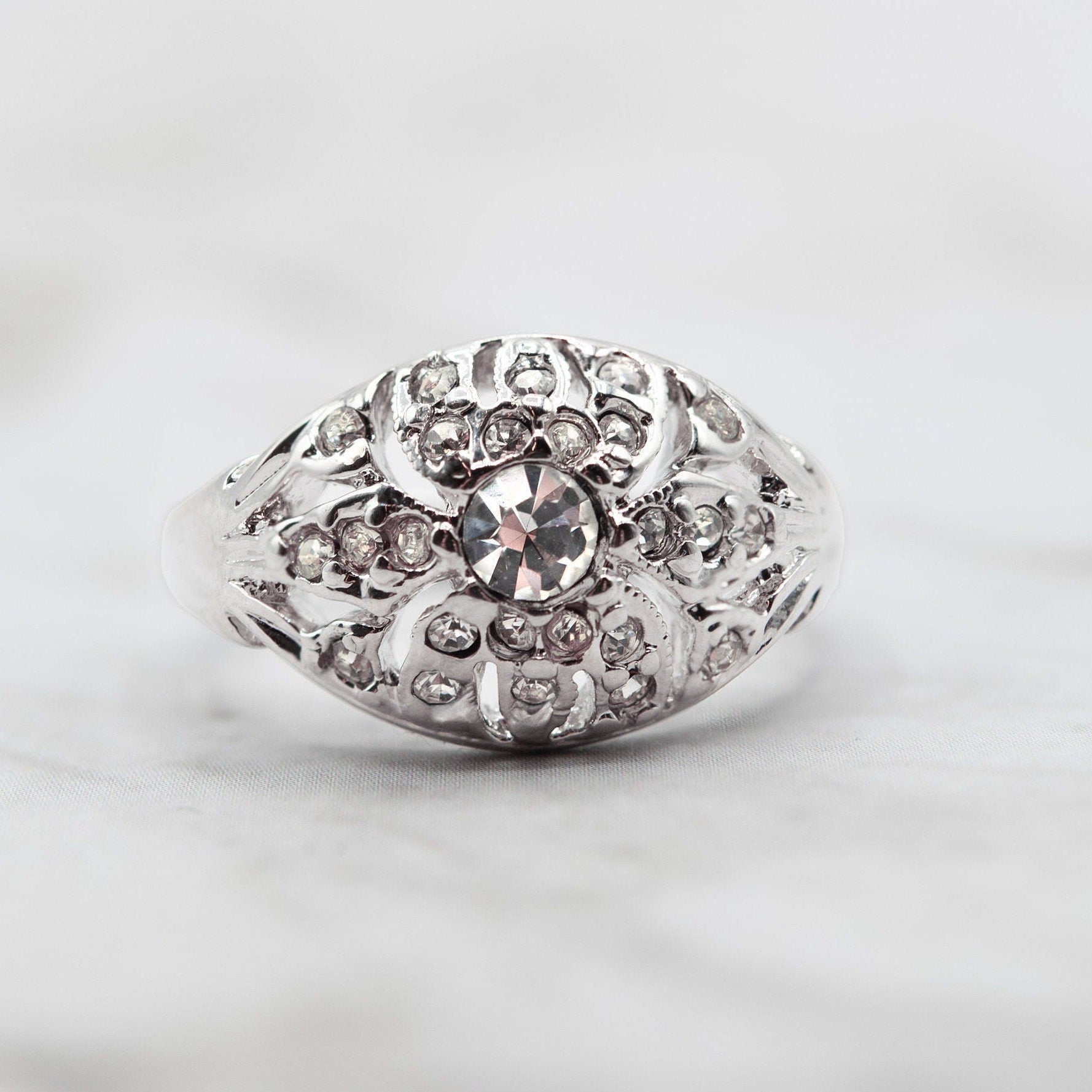 Vintage 1970s Edwardian Style Princess Ring - 18k White Gold Electroplated with Austrian Crystals jewelry image 1