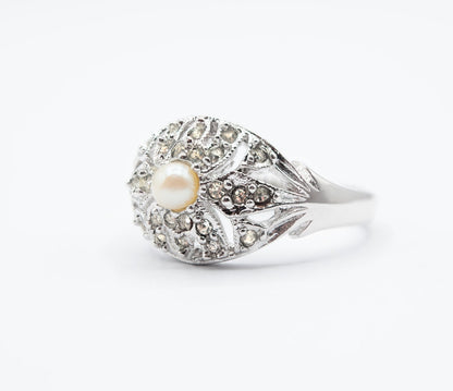 Vintage 1970s Edwardian Style Princess Ring – 18k White Gold Electroplated with Austrian Crystals and Glass Pearl jewelry image 1