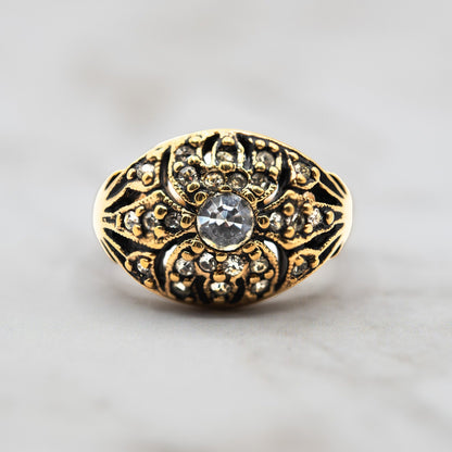 Vintage 1970s Edwardian Style Princess Ring - 18k HGE Antiqued Yellow Gold with Austrian Crystals and Glass Pearl jewelry image 1