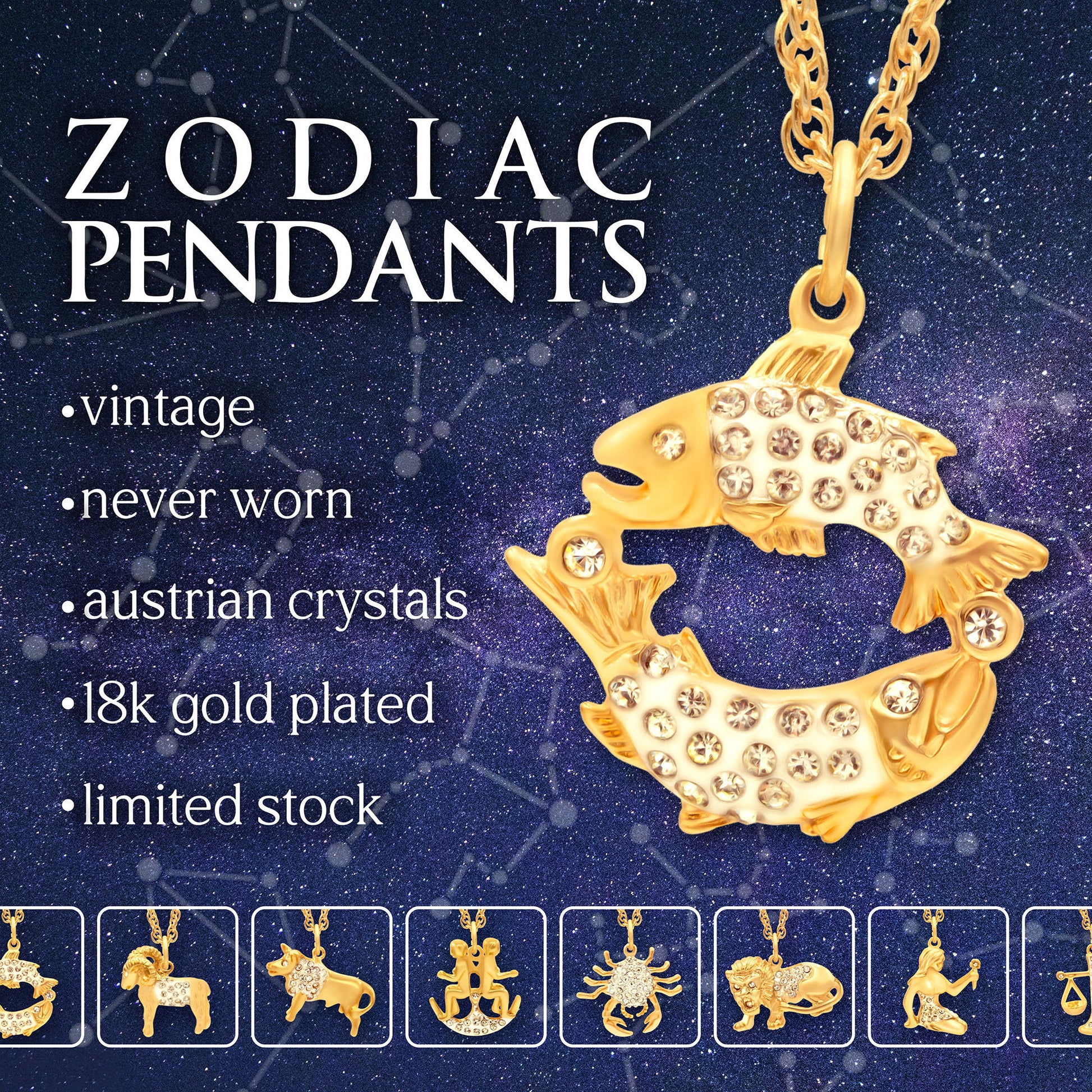 Vintage Gold Electroplated Zodiac Pendant Necklace with Austrian Crystals jewelry image 1