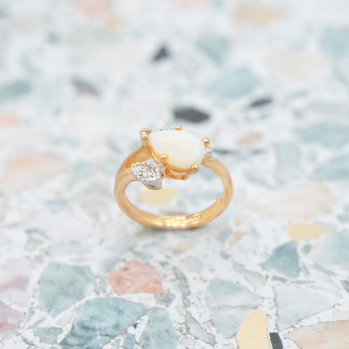 Vintage 1980s Genuine Opal Pear Cut Ring with Austrian Crystal Accents – 18k Gold Electroplated jewelry image 1