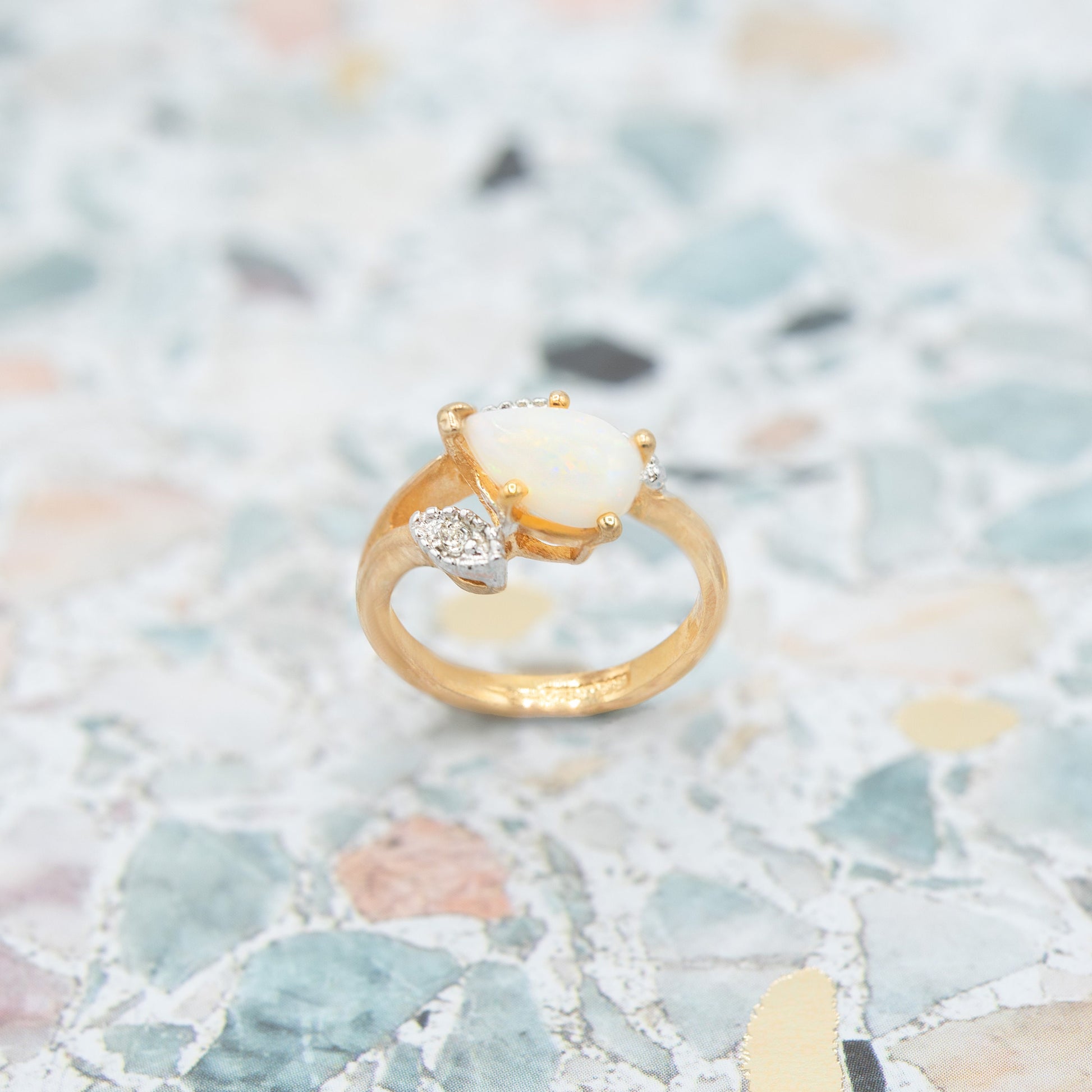 Vintage 1980s Genuine Opal Pear Cut Ring with Austrian Crystal Accents – 18k Gold Electroplated jewelry image 1