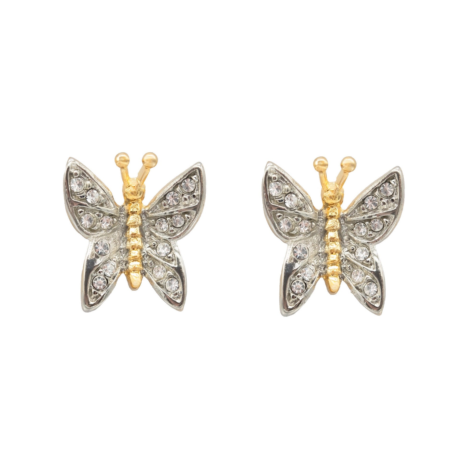 Vintage Clear Austrian Crystal Butterfly Post Earrings - Two-Tone Gold and Silver Plated jewelry image 1