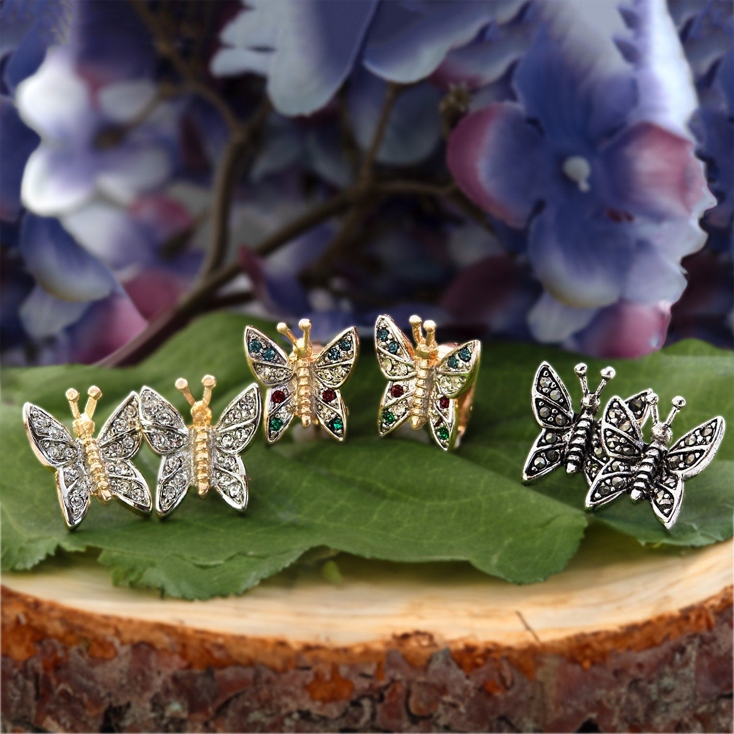 Vintage Clear Austrian Crystal Butterfly Post Earrings - Two-Tone Gold and Silver Plated jewelry image 1
