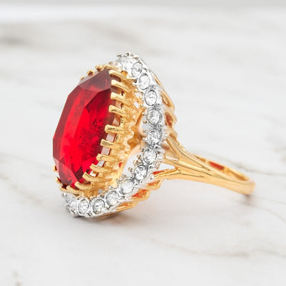 Vintage Ruby Red Austrian Crystal Cocktail Ring - 18k Gold Electroplated Statement Ring jewelry image 1