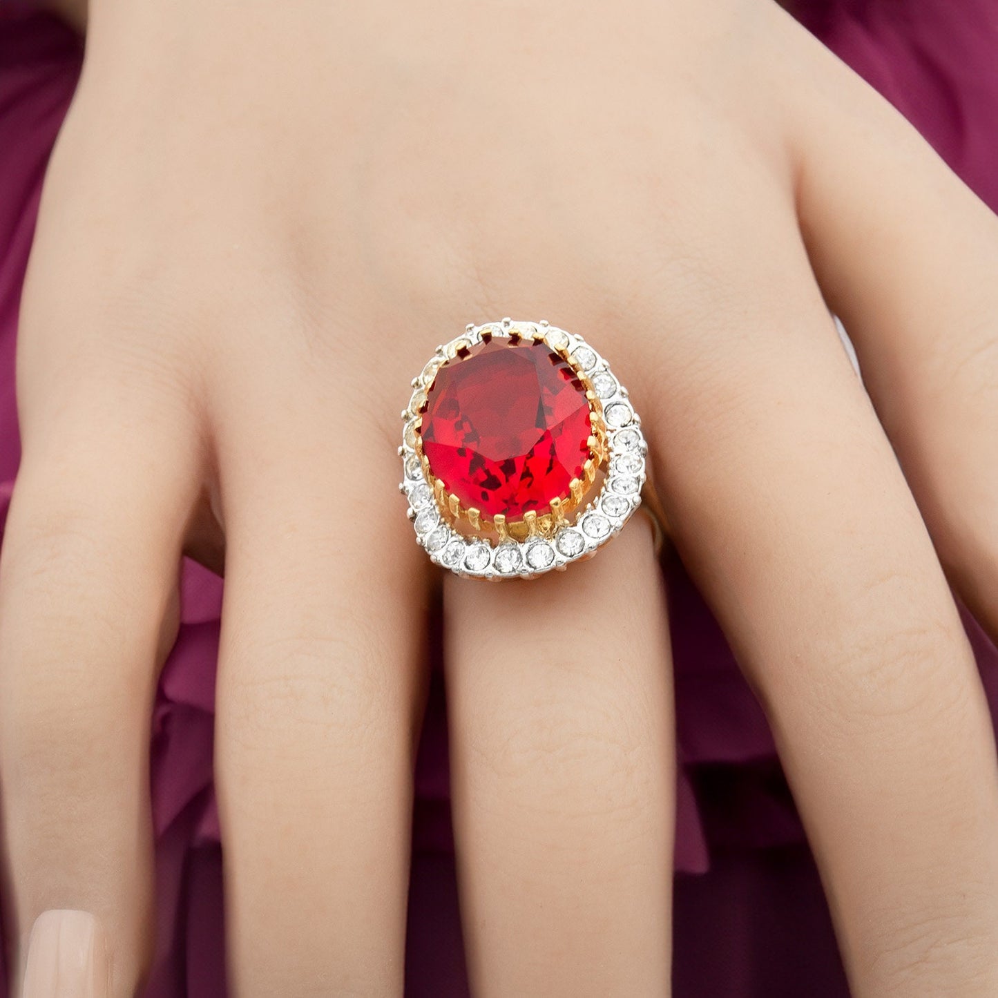 Vintage Ruby Red Austrian Crystal Cocktail Ring - 18k Gold Electroplated Statement Ring jewelry image 1