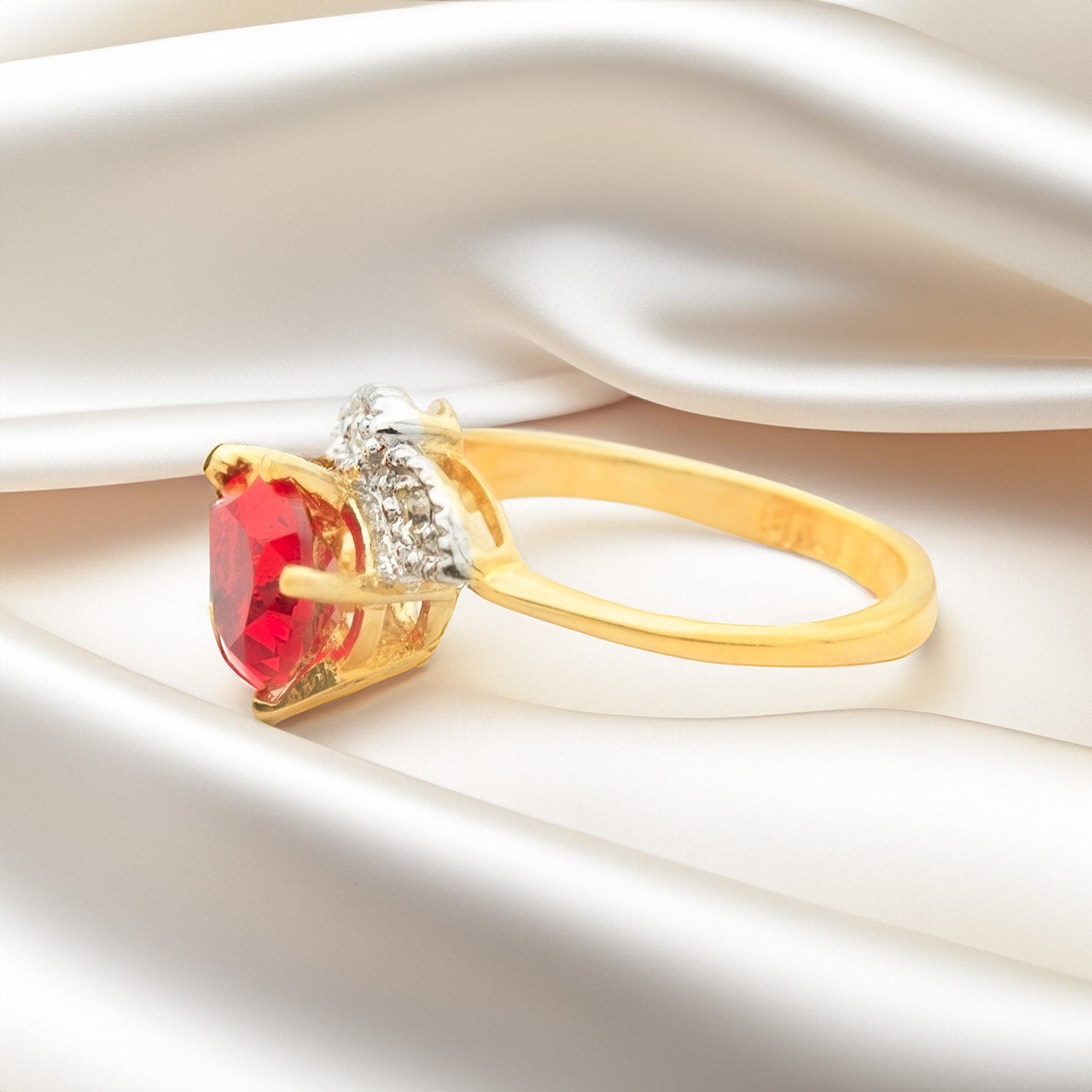 Vintage 1980s Pear Cut Ruby Crystal Ring with Austrian Crystal Accents – 18k Gold Electroplated jewelry image 1