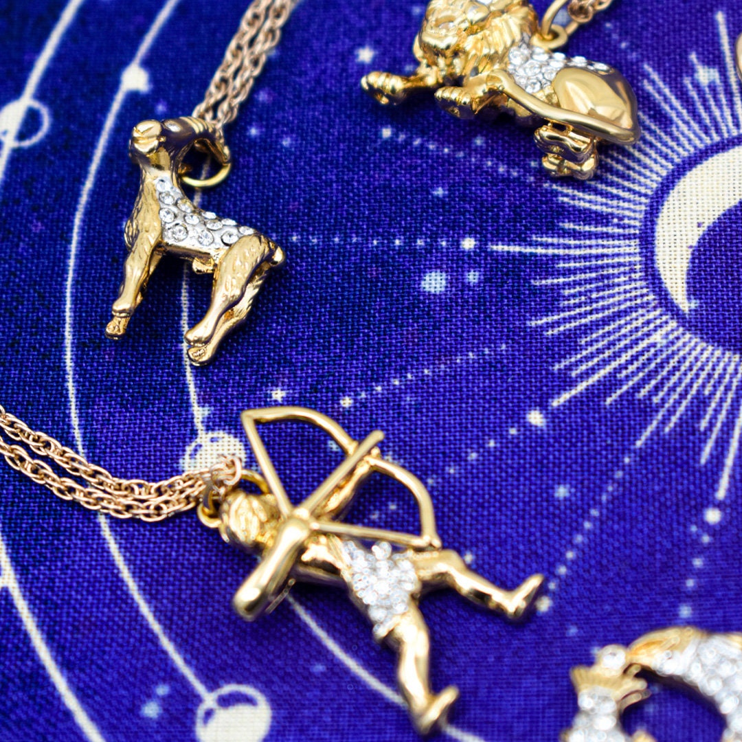 Vintage Gold Electroplated Zodiac Pendant Necklace with Austrian Crystals jewelry image 1